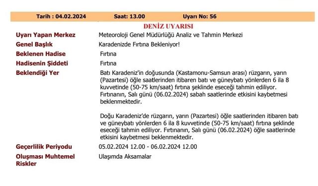 Batı Karadeniz için fırtına uyarısı